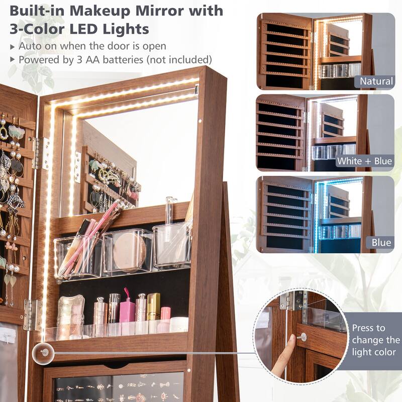 Gymax Rotating Mirrored Jewelry Cabinet with Mirror Storage Shelves