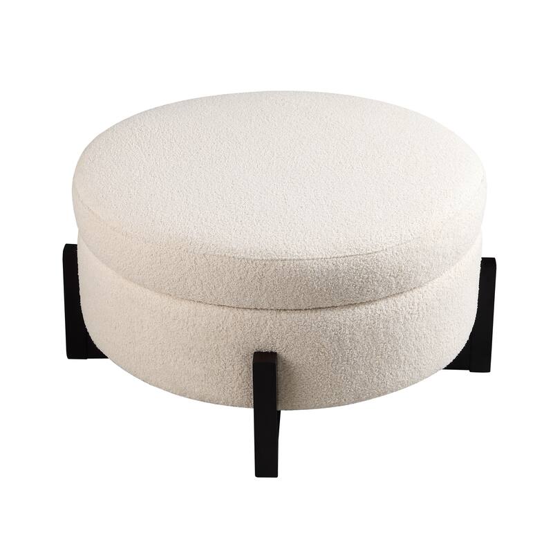 Stylish Round Beige Ottoman with Storage, Oak Fold-Out Legs for Living Room & Bedroom