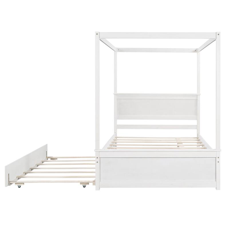 Full Size Wood Frame Platform Canopy Bed with Trundle