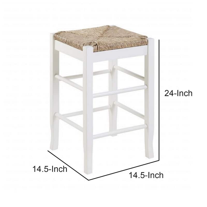 Square Wooden Frame Counter Stool with Hand Woven Rush, White and Brown