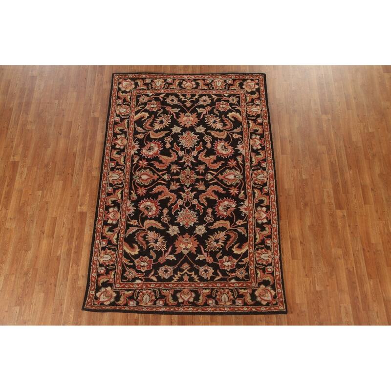 Black Floral Agra Oriental Wool Area Rug Hand-tufted Foyer Carpet - 5'2" x 7'10"