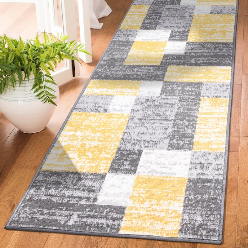 World Rug Gallery Modern Geometric Boxes Area Rug - 2'x7' Runner - Yellow - Runner/Rectangle