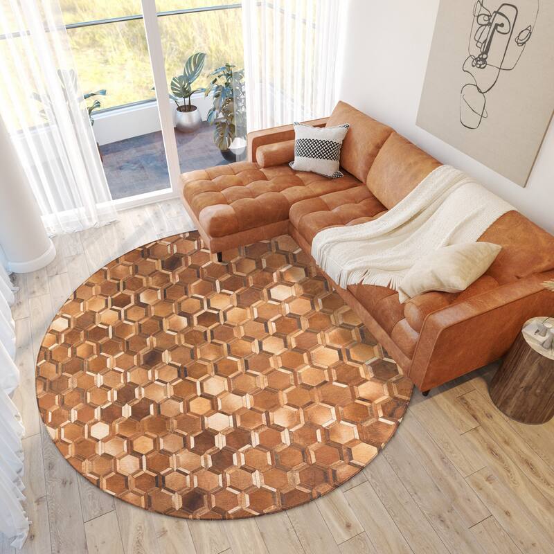 Indoor/ Outdoor Laredo Hexegon Faux Hide Patchwork Washable Area Rug - 8' x 8' - Brown