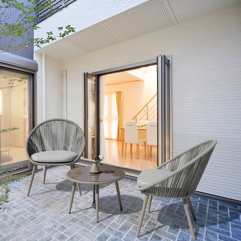 Outdoor 3 Pieces Patio Woven Rope Bistro Set with Cushions