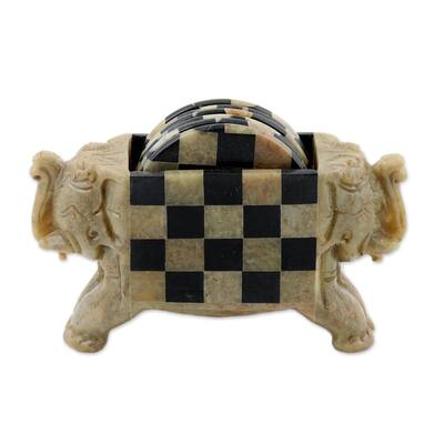 Handmade Elephant Checkers (set of 6) Soapstone coasters (India) - 31 x 22 x 19