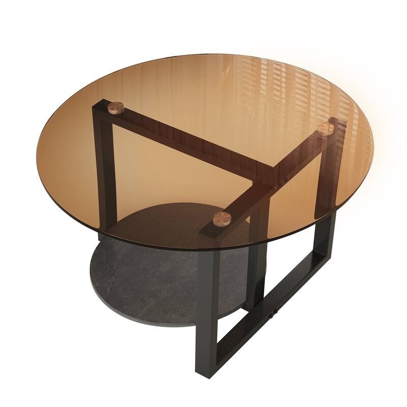 Round Amber-Tinted Tempered Glass Coffee Table Living Room Center Table with 2-Tier