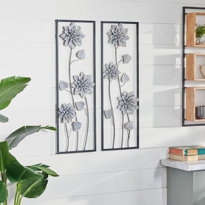 Gray Metal Floral Home Wall Decor with Black Frame (Set of 2) - Grey