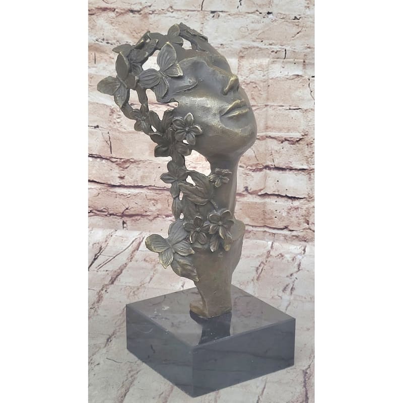 Abstract Surreal Female Bust Face Mask Butterflies Bronze Metal Sculpture Dali