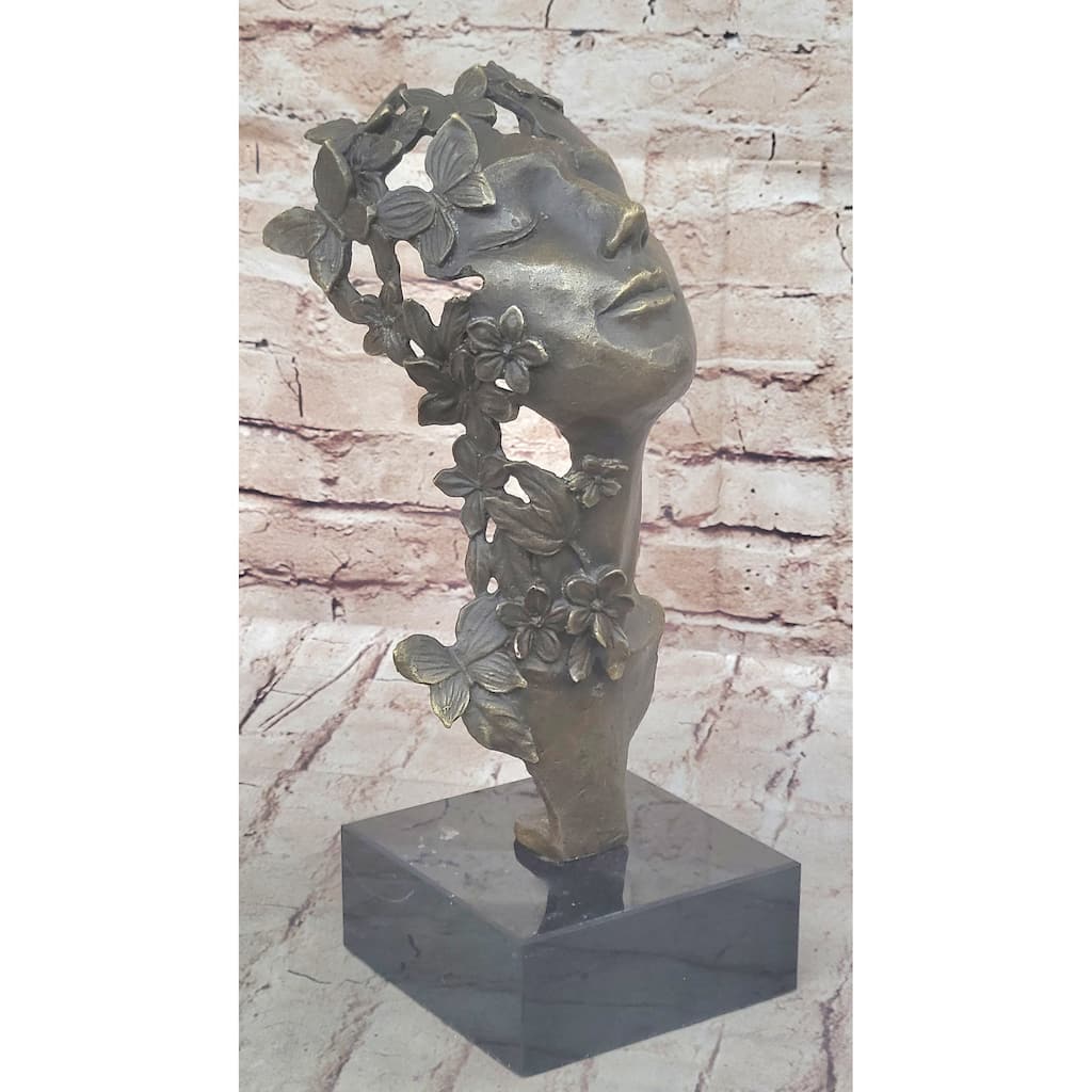 Abstract Surreal Female Bust Face Mask Butterflies Bronze Metal Sculpture Dali