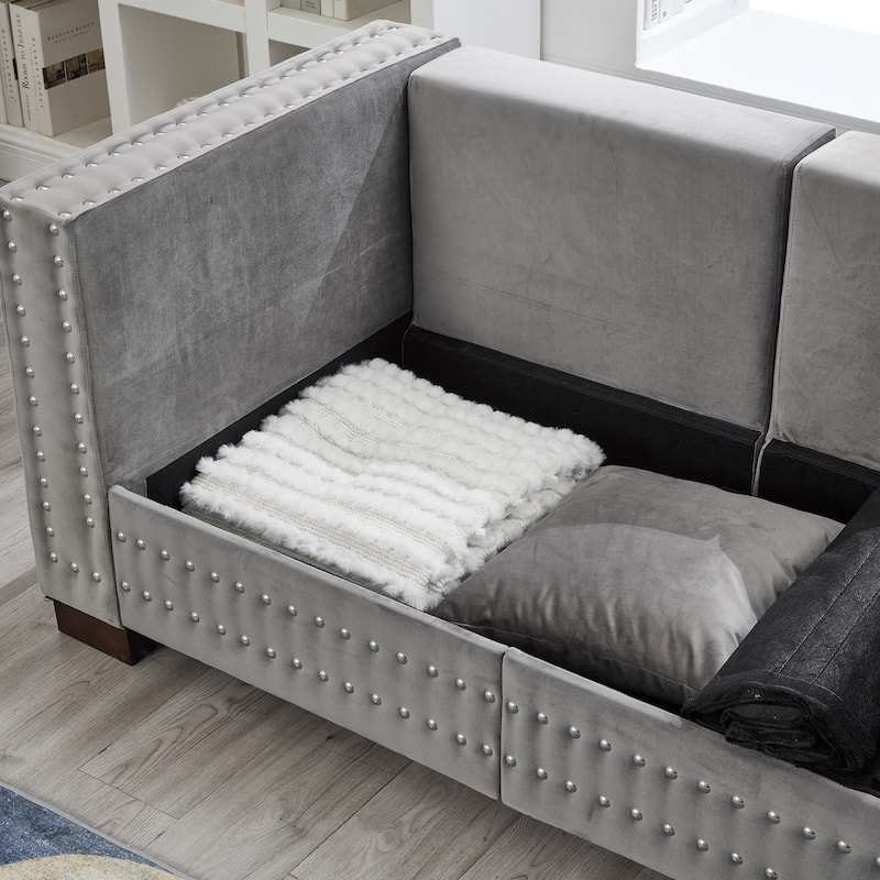 Grey Velvet Loveseat with Silver Nails Decoration and Storage