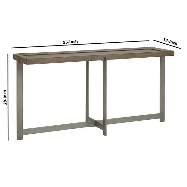 Plank Top Wooden Sofa Table With Straight Metal Legs And X Base Gray