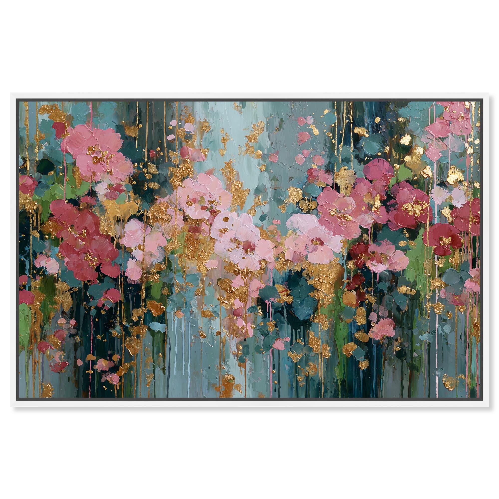 Golden Pollen Rain Pink Floral Art Framed Canvas Print by Art Remedy