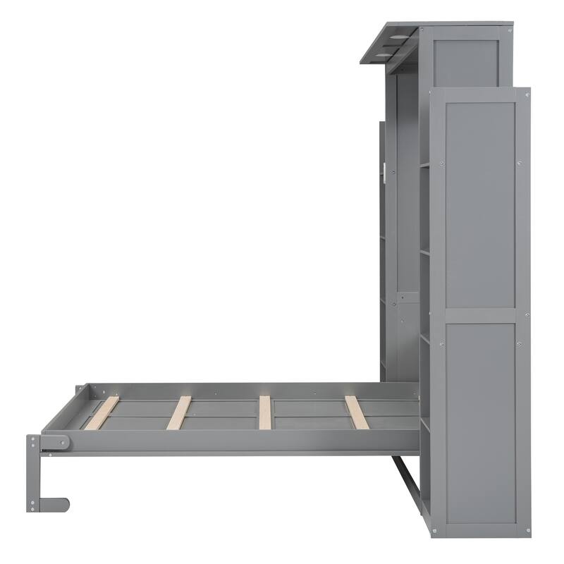 Roomfitters Full Size Murphy Bed with Shelves and LED Lights, Foldable Wall Bed with Storage Cabinet