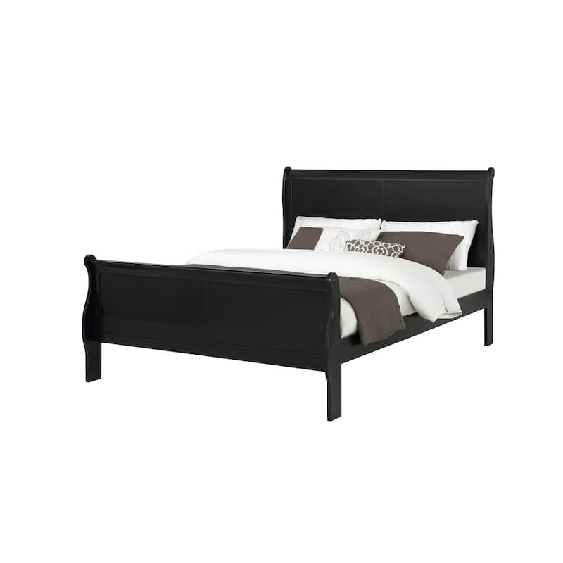 Black Finish Queen Size Panel Sleigh Bed Solid Wood Bedroom Furniture - Black