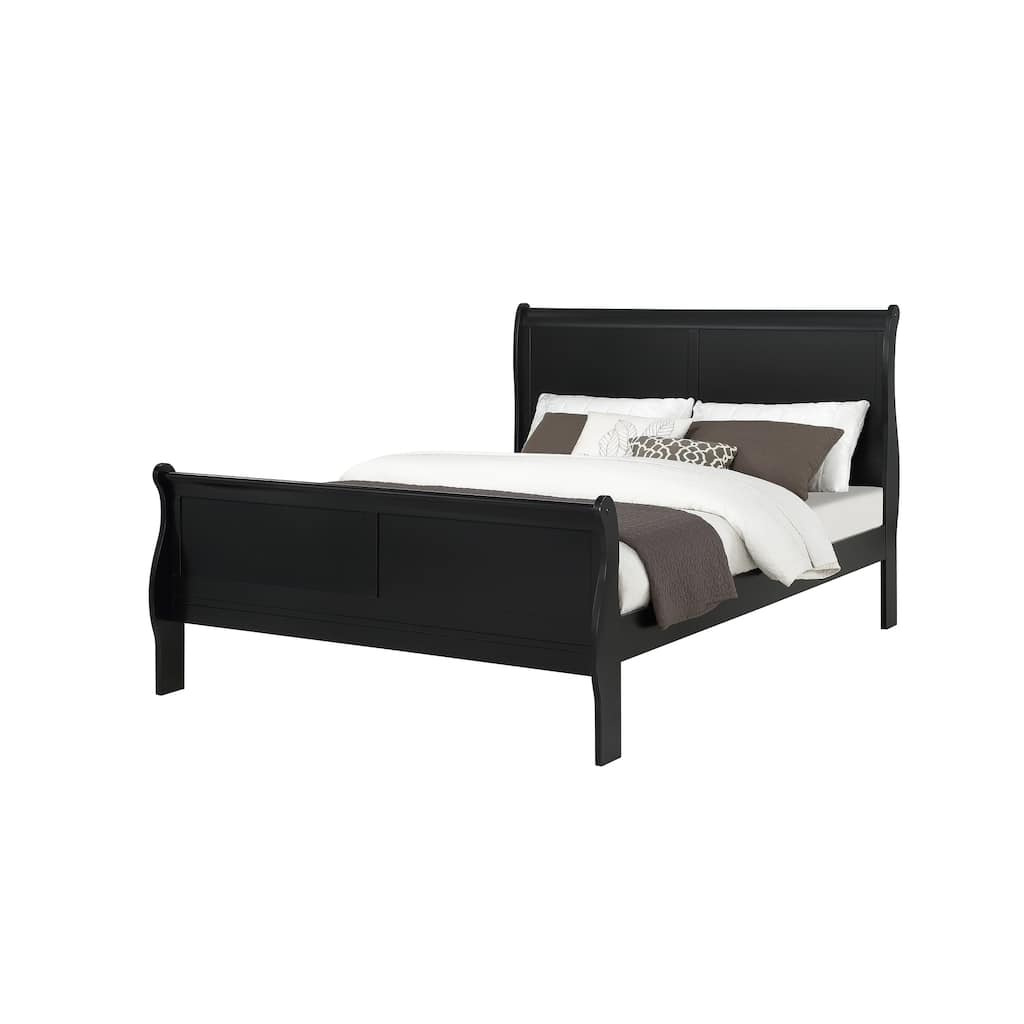Black Finish Queen Size Panel Sleigh Bed Solid Wood Bedroom Furniture