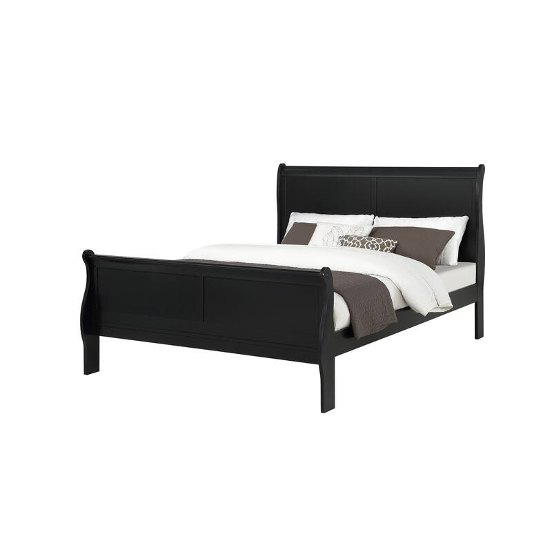 Full Size Panel Sleigh Bed in Black Finish, Solid Wood Bedroom Furniture