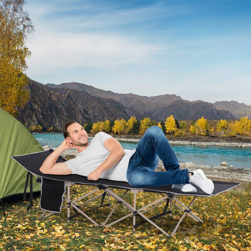 Outsunny Single Person Wide Folding Camping Cot Portable Outdoor Military Sleeping Bed, Green - Black