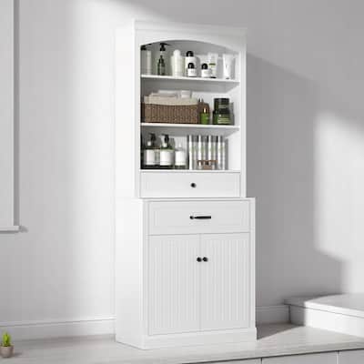 White Bathroom Cabinet with 3 Open Shelves, 2 Drawers, Adjustable Shelves & 2 Doors, 78.7'' Freestanding