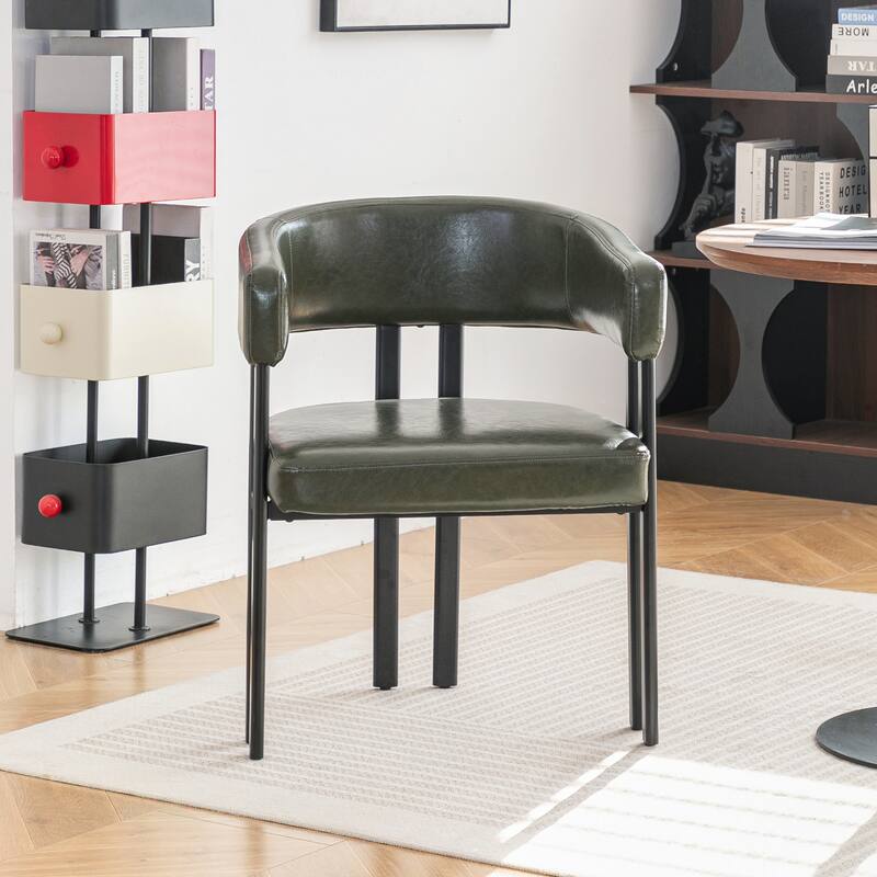 Modern Dining Chairs Set of 2, Faux Leather Upholstered Barrel Chairs with Integrated Curved Back And Armrests, Metal Frame