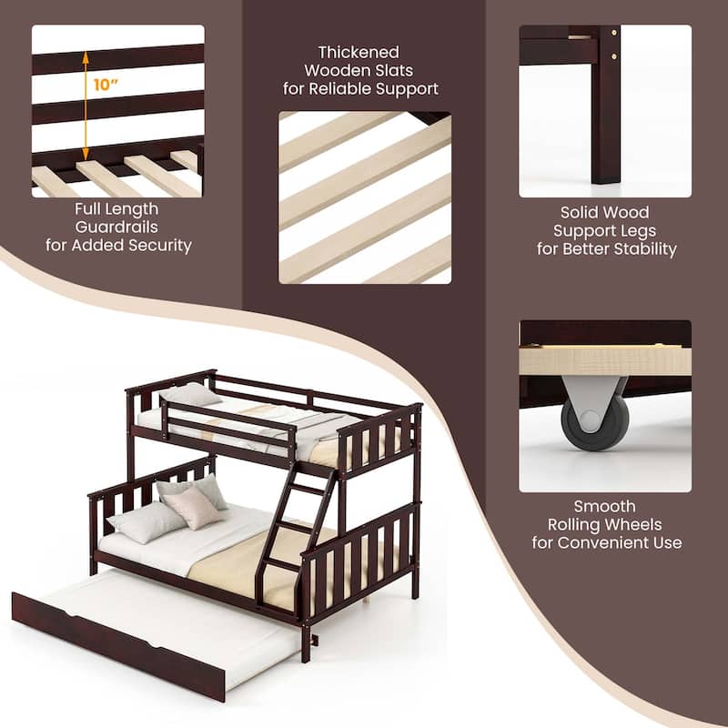 3-in-1 Twin Over Full Bunk Bed with Trundle Ladder Safety Guardrails