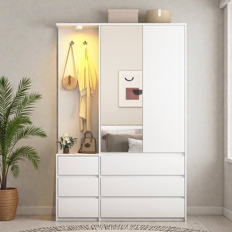 71.7 Inch Wooden Wardrobe Closet with 3 Doors and 2 Drawers, Modern Bedroom Storage Cabinet with Hanging Rail - White