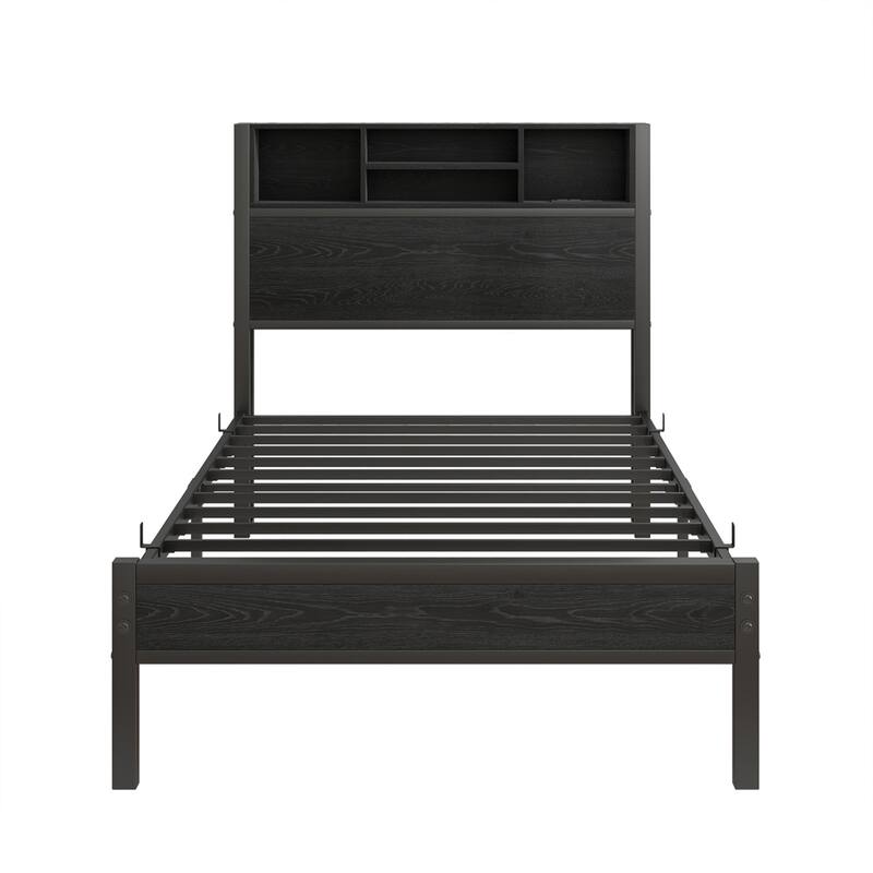 Twin Size Bed Frame w/Storage,Metal Platform Bed with Charging Station