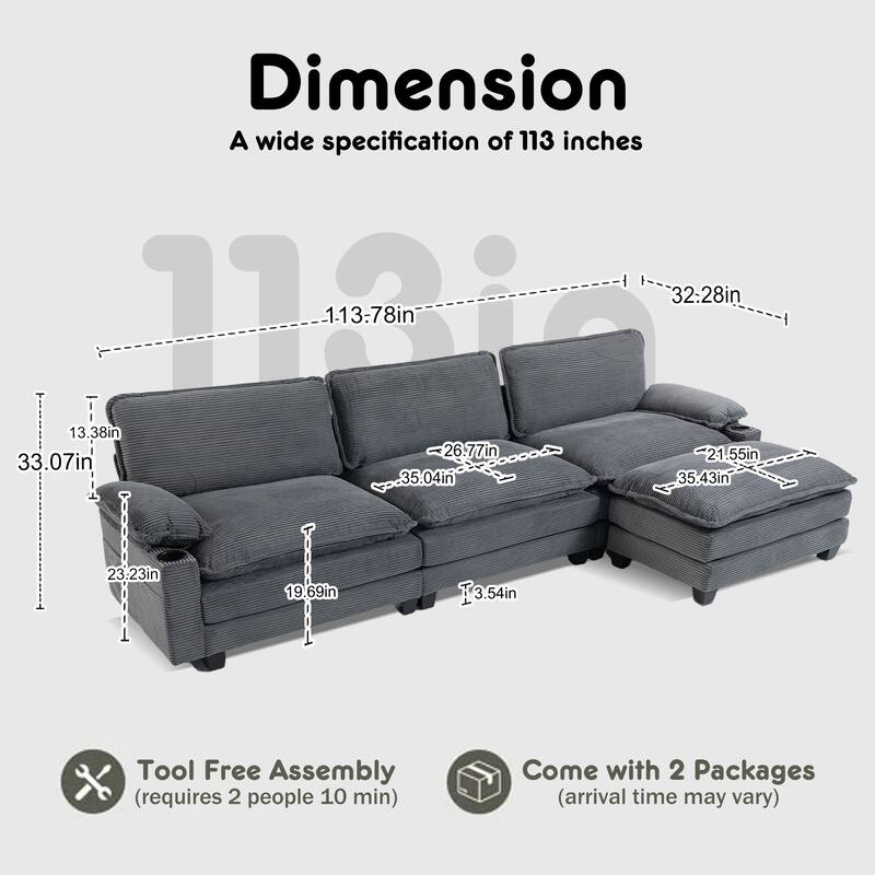 L-Shaped Modular Sectional Sofa with Ottoman, Oversized Corduroy Upholstered Cloud Couch with Cup Holders & Side Pockets