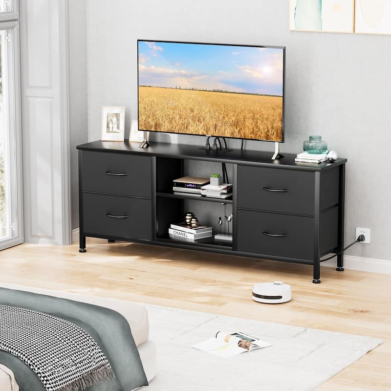 4 Drawer Dresser Fabric TV Stand Charging Station Chests of Drawers - Black PU - 4-drawer