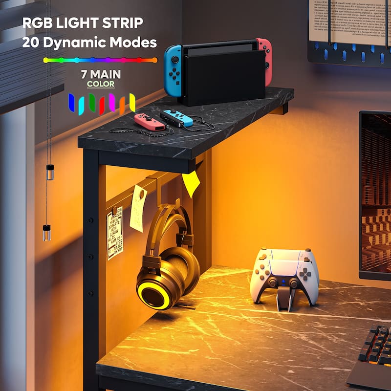 Computer Desk Home Office Desk with LED & Adjustable Shelves