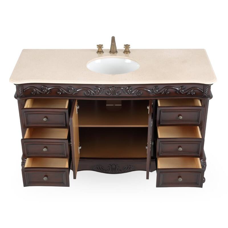 56 inch Traditional Style Cherry Brown Bathroom Sink Vanity With Cream Top