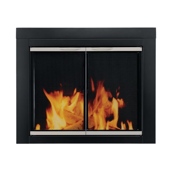 Pleasant Hearth AP-1130 Alsip Cabinet Style Fireplace Screen and Glass Doors, Small - Black and Sunlight Nickel Powder Coated