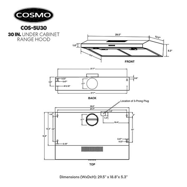 Cosmo 30 in. Ducted Under Cabinet Range Hood with 3-Speed Fan, Push Buttons