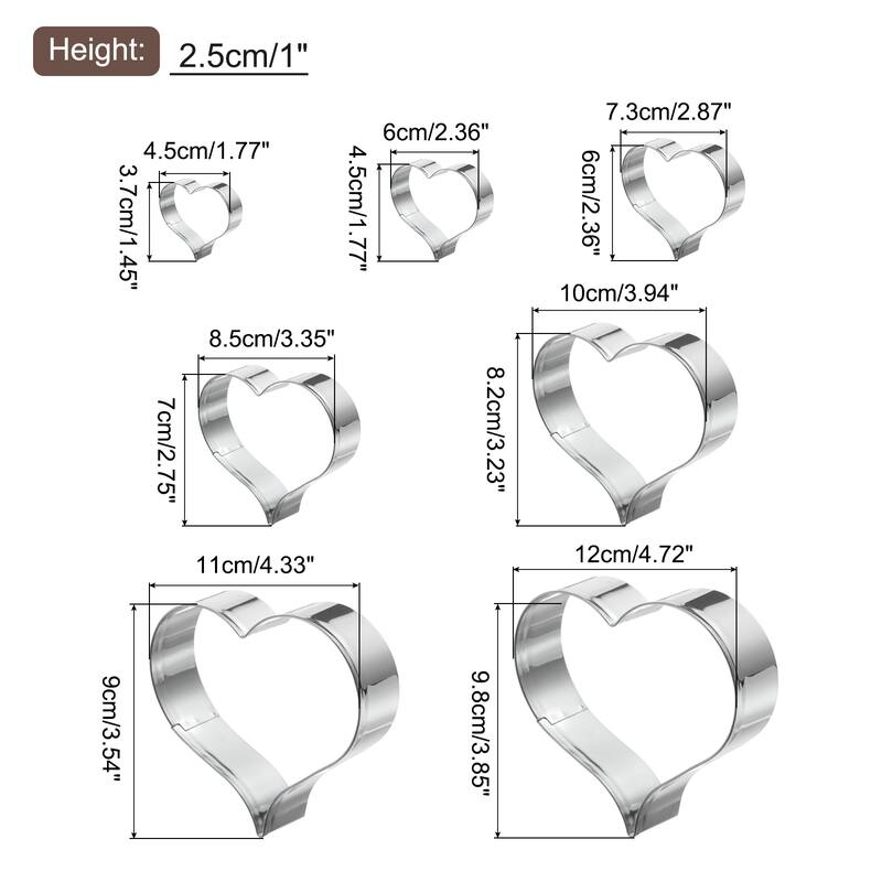 7pcs Stainless Steel Heart Cookie Cutters Fondant Biscuit Cutters - Silver