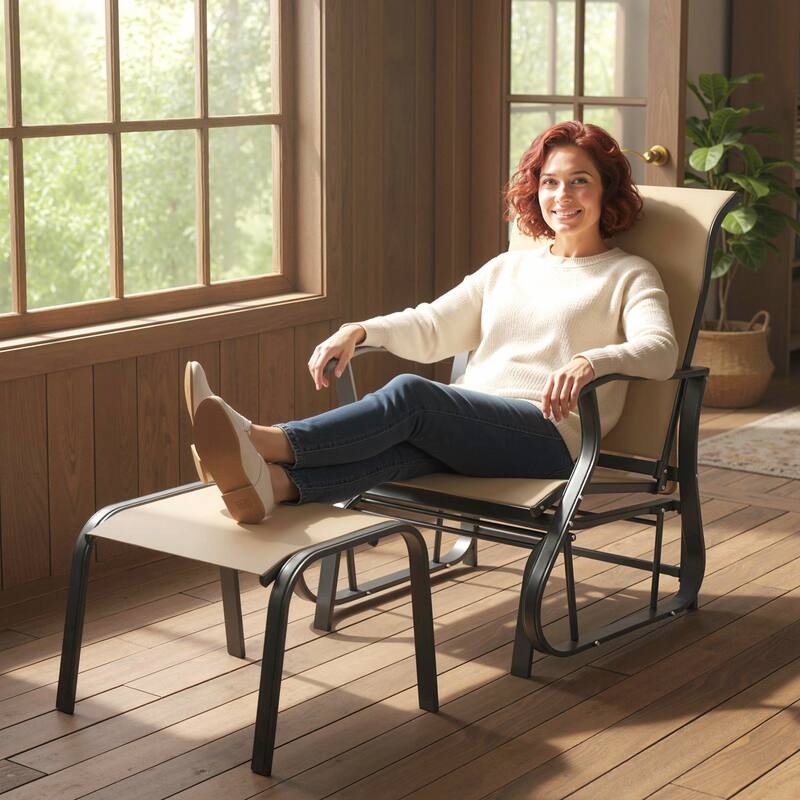 Outsunny Outdoor Glider Chair with Ottoman, 2-Piece Patio Glider Set with High Back and Wide Seat, Gliding Outdoor Lounge Se