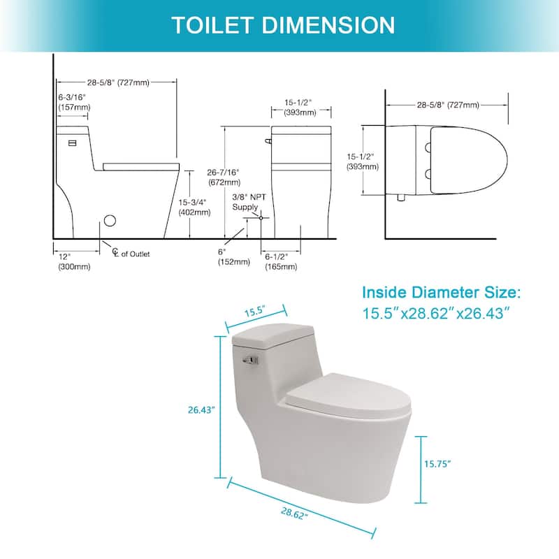 One Piece 1.28 GPF Tornado Flush Single Flushing Toilet - 29" x 26" in.