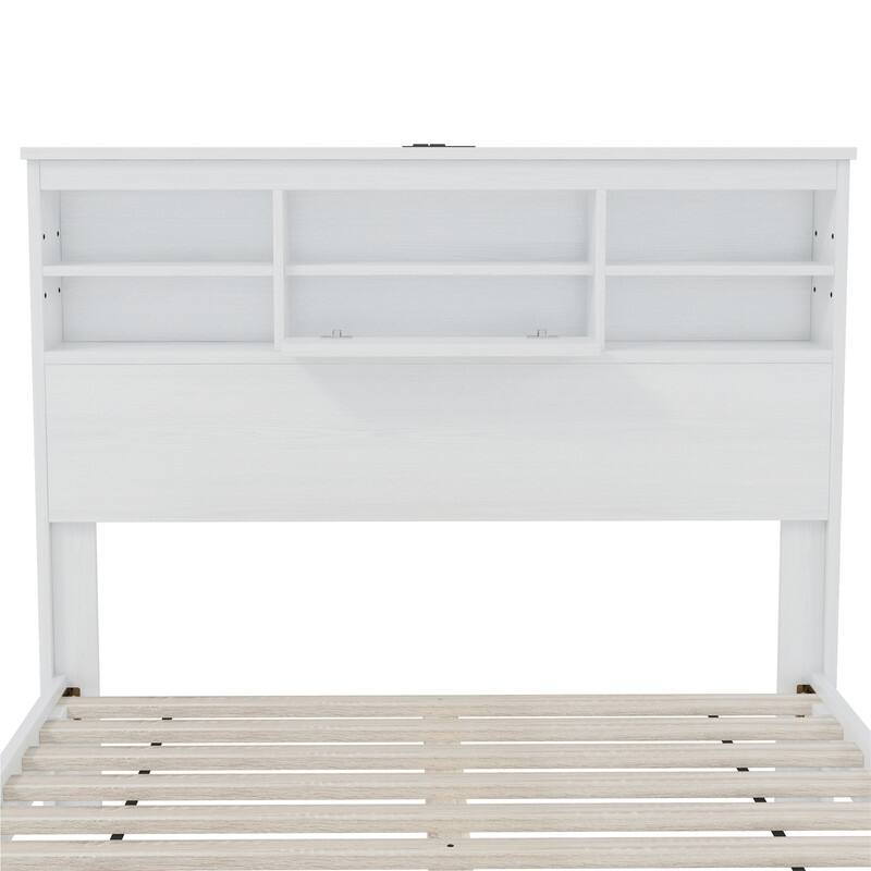 Queen Size Wooden Platform Bed with Storage Bookcase Headboard, American Country Style Bed Frame with USB Charging Ports