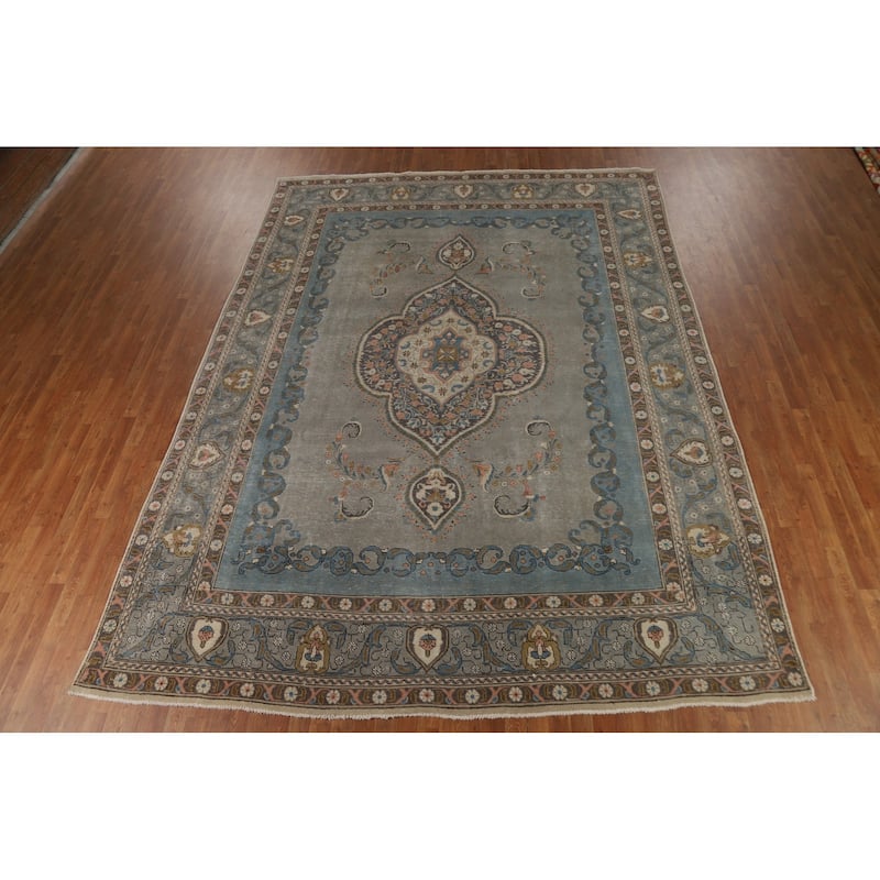 Tabriz Persian Vintage Area Rug Hand-Knotted Bedroom Wool Carpet - 9'7" x 12'9"