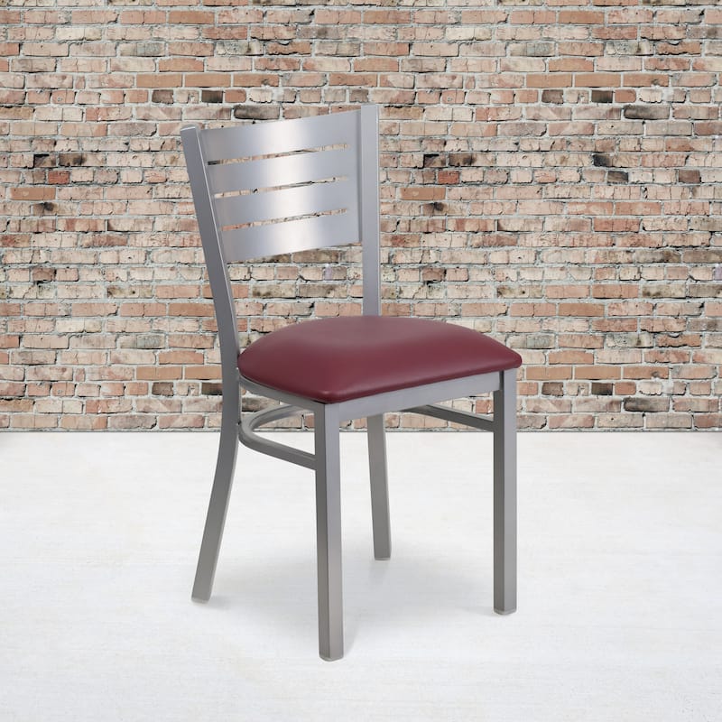 Slat Back Metal Restaurant Chair - 16.5"W x 19"D x 33.5"H - 16.5"W x 19"D x 33.5"H - Burgundy Vinyl Seat/Silver Frame