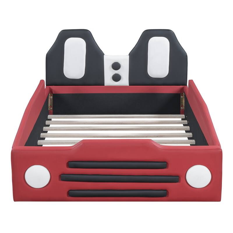 Twin Race Car-Shaped Platform Bed with Wheels, Safety Rails, PU Leather, Pine Wood Frame for Kids' Rooms
