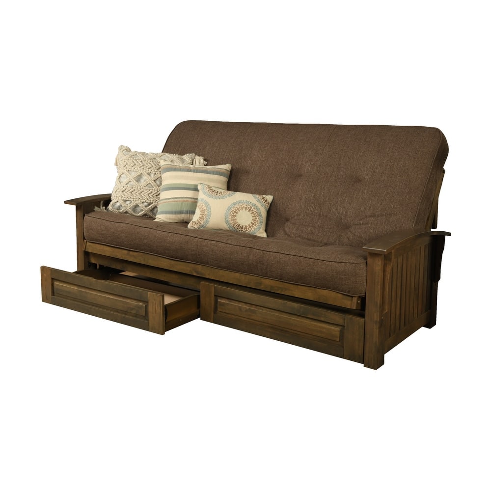 Somette Washington Queen-size Storage Futon Set in Rustic Walnut with Linen Mattress