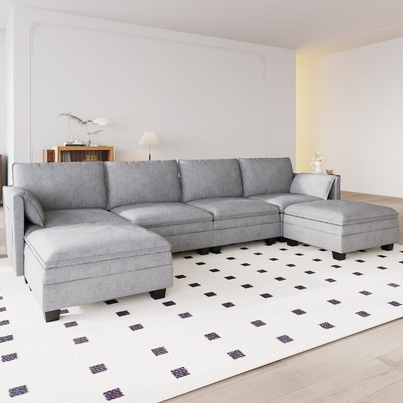 Christopher Knight Home - Noah 141.5" U-Shaped 6-Seater Sofa Couch with Movable Ottoman and Armrest Pockets, Fabric Upholstery