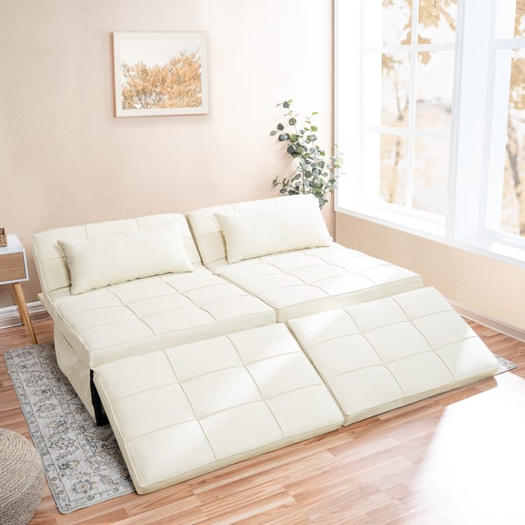 Sleeper Chair Bed, 4 In 1 Multi-Function Convertible Ottoman Bed, Breathable Linen Bed Chair, Convertible Sofa Bed - Cream,Set of 2