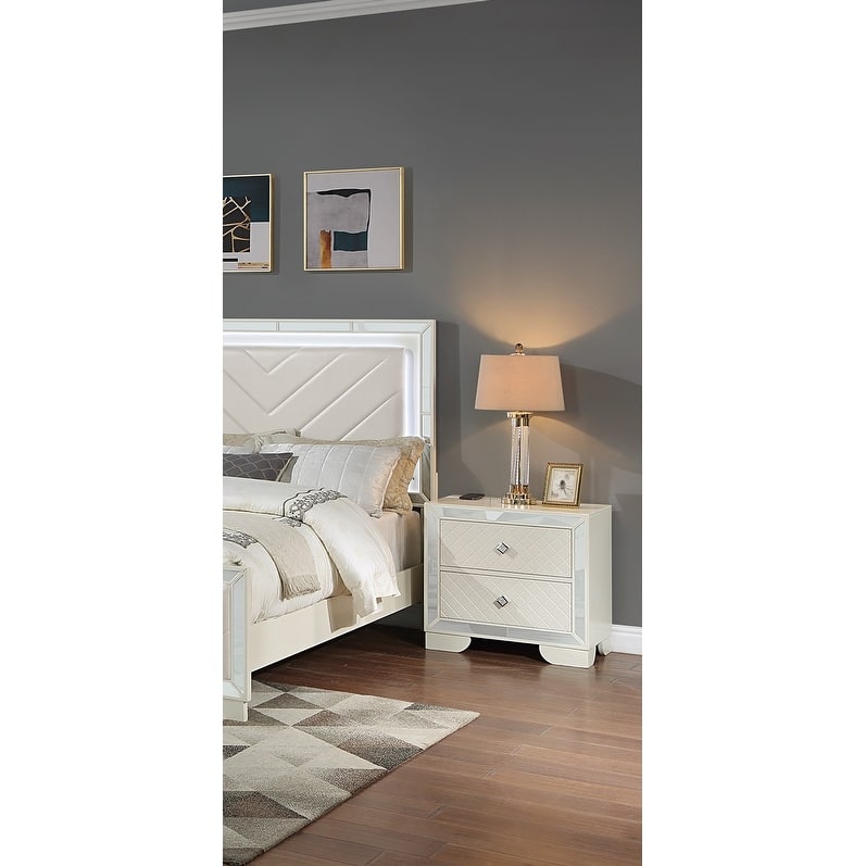 1pc Nightstand Bedside Table 2x Drawers w Mirror Glass Panel