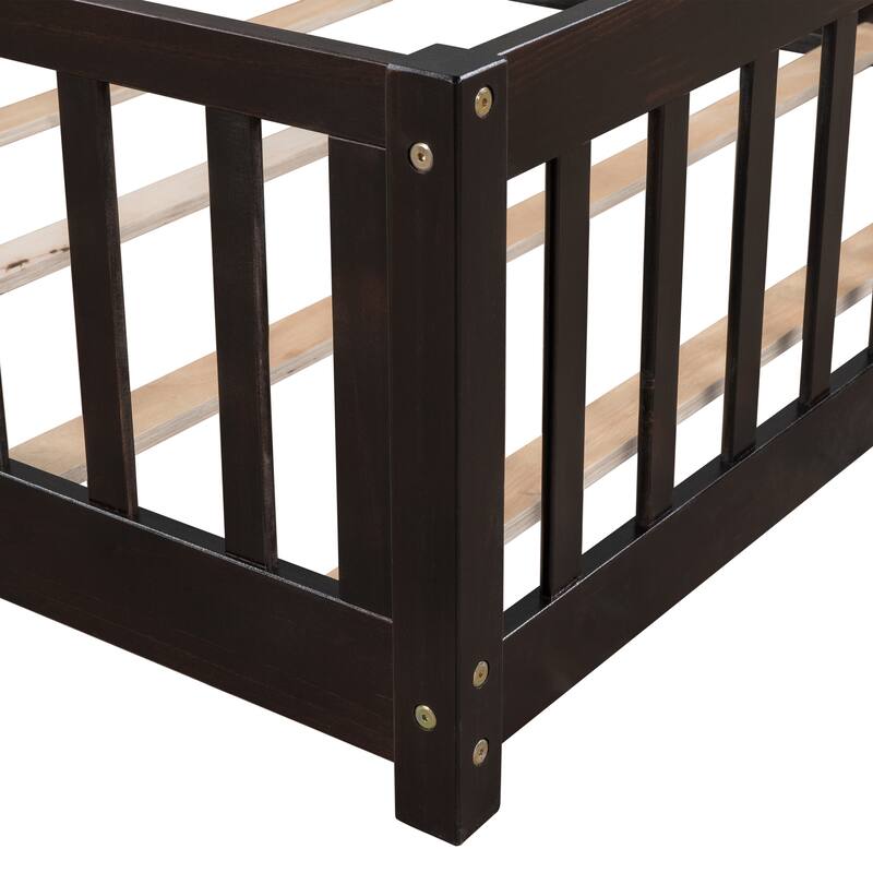 Full size Floor Platform Bed with Fence and Door, White