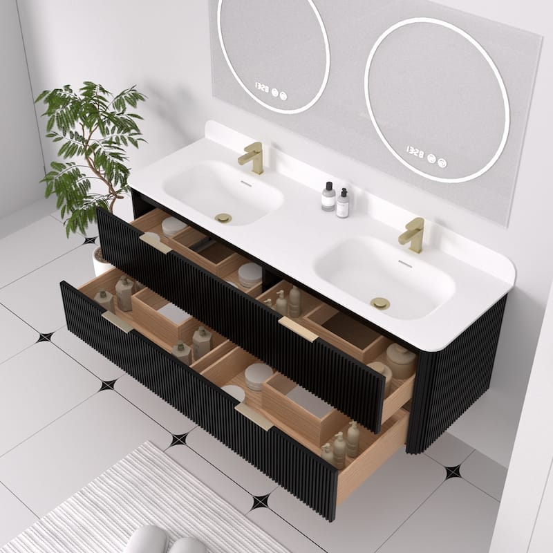 60" Floating Bathroom Vanity with Integrated countertop Rectangulare Sink Solid Wood - 60 inch