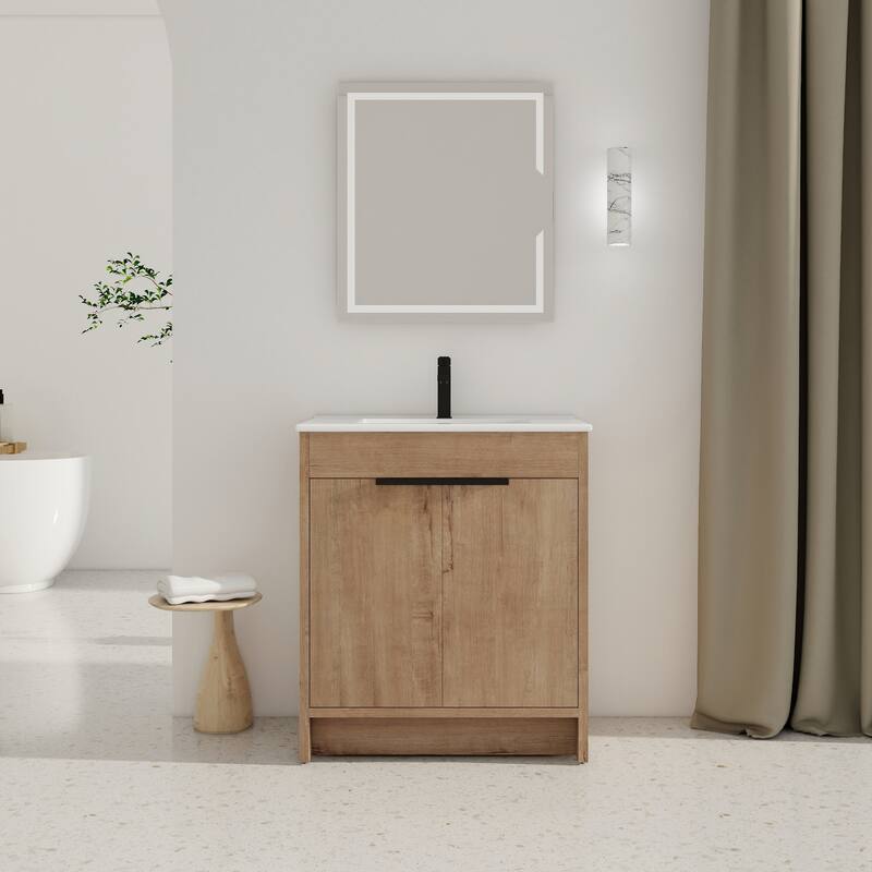 Freestanding Bathroom Vanity with Ceramic Sink, Adjustable Shelf, Metal Handles, Soft Closing Hinges - 30in L Plywood - Imitative Oak