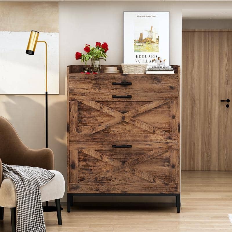 Grondin Farmhouse Style Shoe Storage Cabinet with Drawers, Freestanding Shoe Oragenizer for Entryway, Narrow Shoe Rack Cabinet