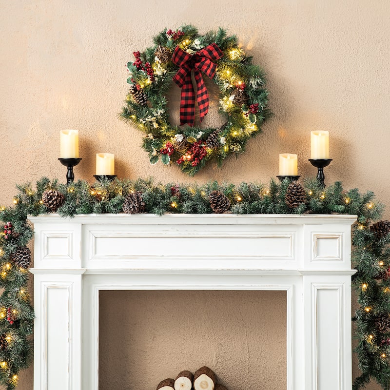 Glitzhome 2pk/4pk 6ft Pre-Lit Pinecones or Snow Flocked Christmas Garland, with Warm White LED Lights and Timer