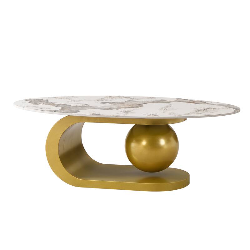 Roomfitters Modern Oval Coffee Table, Marble Pattern Sintered Stone Center Table, Luxury Living Room Accent Table Gold
