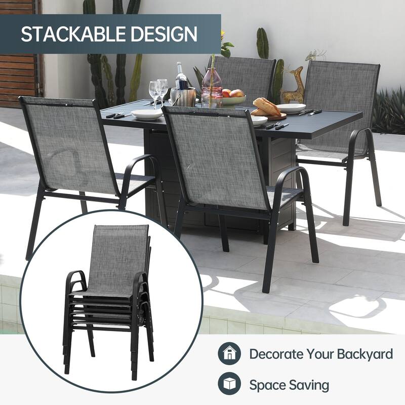 5/7 Pieces Patio Dining Set with Stackable Chairs & Rectangle Fire Table for 4/6 Person, Outdoor Firepit Dining Set